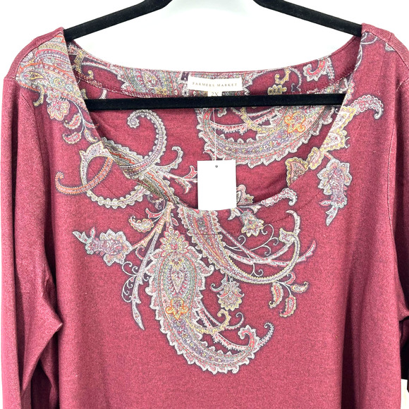 Farmers Market Wine Red Floral Print Shirt Womens Plus SIze 3X Long Sleeve - Picture 2 of 7